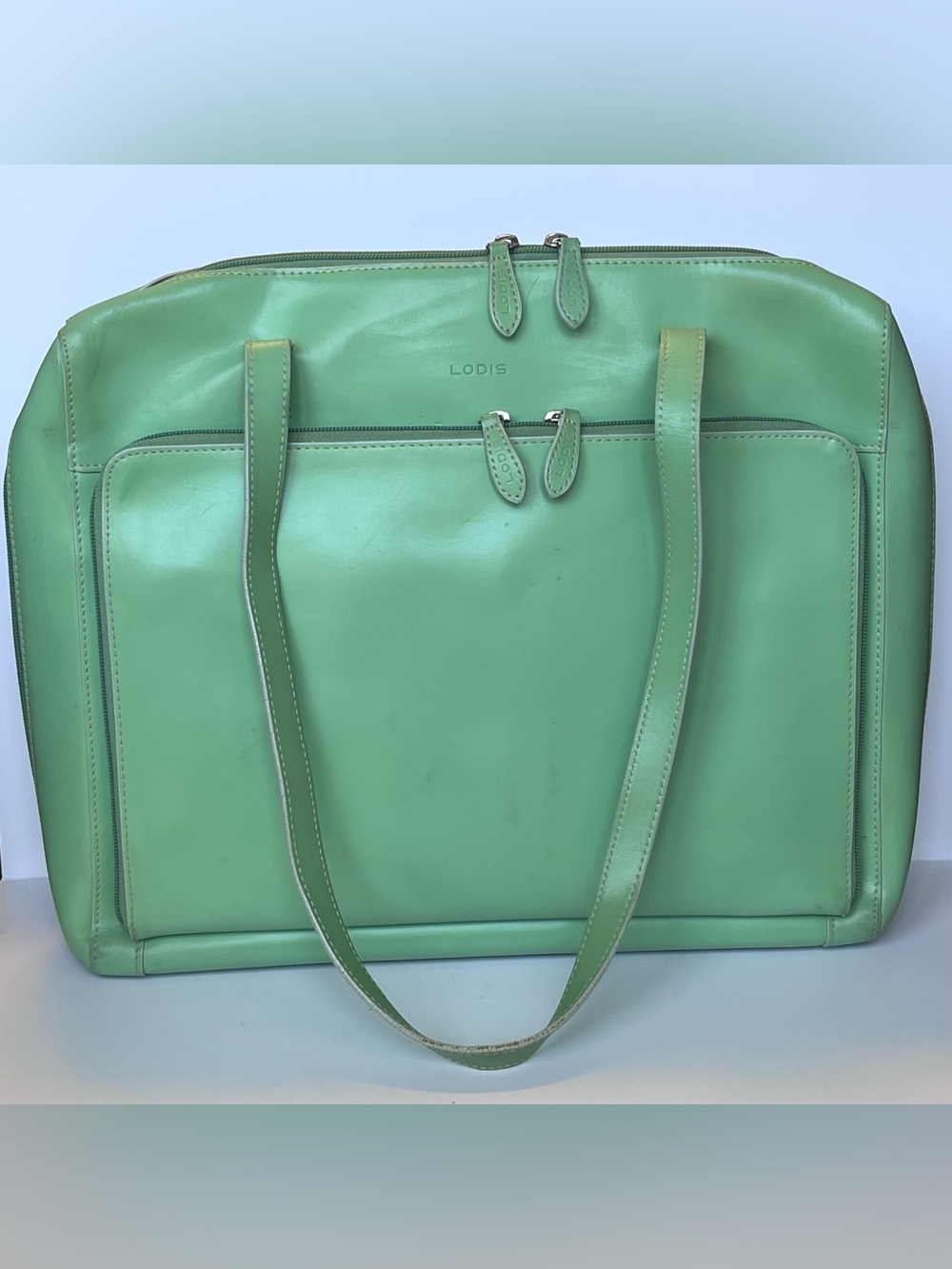 LODIS Audrey Zip Top Laptop Tote Organizational Pockets Mint Green Leather